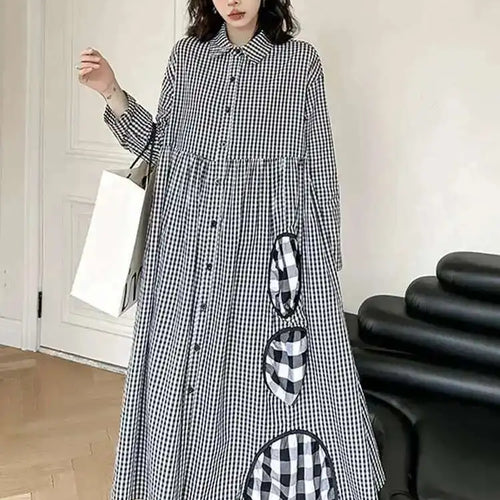 Load image into Gallery viewer, Women Black Plaid Pocket Vintage Big Size Midi Shirt Dress New Lapel Long Sleeve Fashion Tide Spring Autumn 2025 1DH6567
