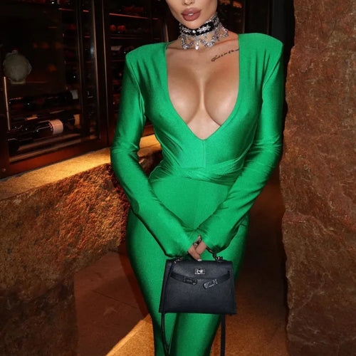 Load image into Gallery viewer, Sexy Deep V Long Sleeved Elastic Tight Bell Bottom Jumpsuit Women Temperament Slim Party Jumpsuit Fashion Casual Rompers
