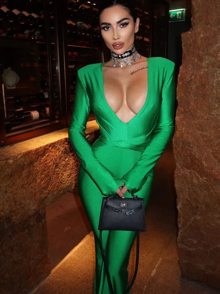 Sexy Deep V Long Sleeved Elastic Tight Bell Bottom Jumpsuit Women Temperament Slim Party Jumpsuit Fashion Casual Rompers