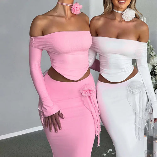 Load image into Gallery viewer, Elegant Halter 3D Flower Two Piece Sets Women Fashion Off-shoulder Tops And Maxi Skirt Matching Sets Bodycon Sexy Dress
