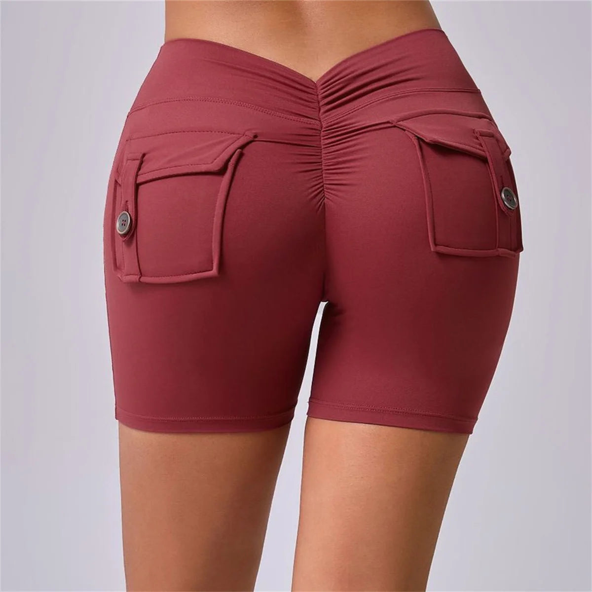 Deep V Back Yoga Shorts Women Pocket Scrunched Butt Gym Leggings High Waist Push Up Tights Sexy Booty Sports Shorts Fitness