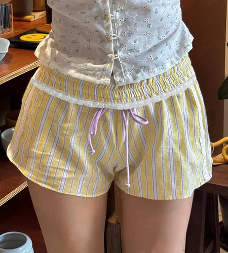 Cutecore Striped Contrast Color Micro Shorts Summer Lace Patchwork With Drawstring Mini Pants Girl's Casual Bottoms