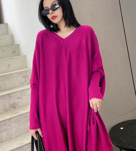 Women Blue Knitting Big Size Mini Dress New V-Neck Long Batwing Sleeve Loose Fit Fashion Tide Spring Autumn 2025 1DF9758