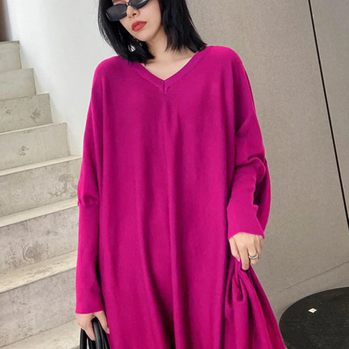 Load image into Gallery viewer, Women Blue Knitting Big Size Mini Dress New V-Neck Long Batwing Sleeve Loose Fit Fashion Tide Spring Autumn 2025 1DF9758
