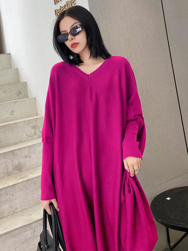 Women Blue Knitting Big Size Mini Dress New V-Neck Long Batwing Sleeve Loose Fit Fashion Tide Spring Autumn 2025 1DF9758