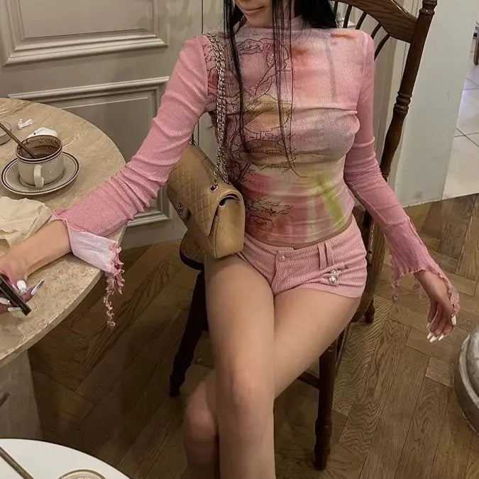 Y2k Tops Korean T-shirt Long Sleeve Tunic Diamond Summer Tees Long Sleeve Sexy Crop Tshirts See Through Gauze T Shirt Ropa Mujer