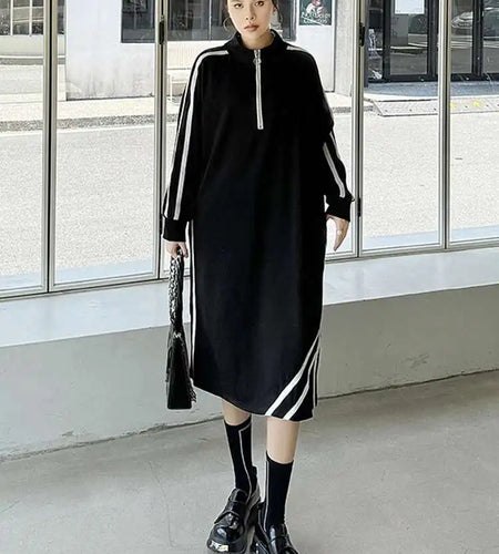Women Black Striped Spliced Zipper Big Size Midi Dress New Turtleneck Long Sleeve Fashion Tide Spring Autumn 2025 1DH6819