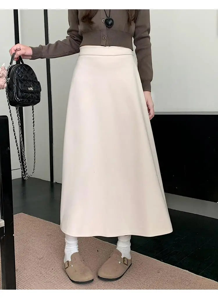 Autumn Winter Solid Large Size Woolen Long Skirt Women Fashion Korean Ladies High Waist Festival Pleated A-line Skirt Simplicity
