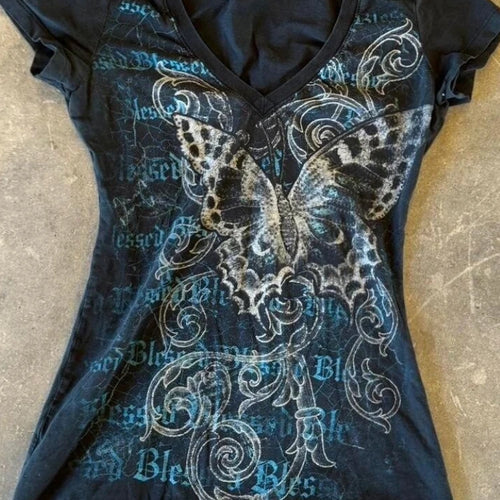 Load image into Gallery viewer, Harajuku Fairy Cropped Butterfly Printing T Shirts Vintage Grunge Streetwear Tops Women Summer Y2k Aesthetic Casual Crop Shirts
