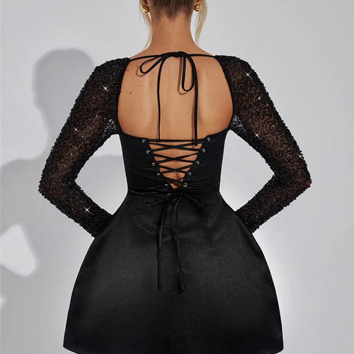 Load image into Gallery viewer, Glitter Long Sleeve Backless Sexy Mini Dress For Women Robe Square Collar Lace-up High Waist A-line Club Dress Elegant
