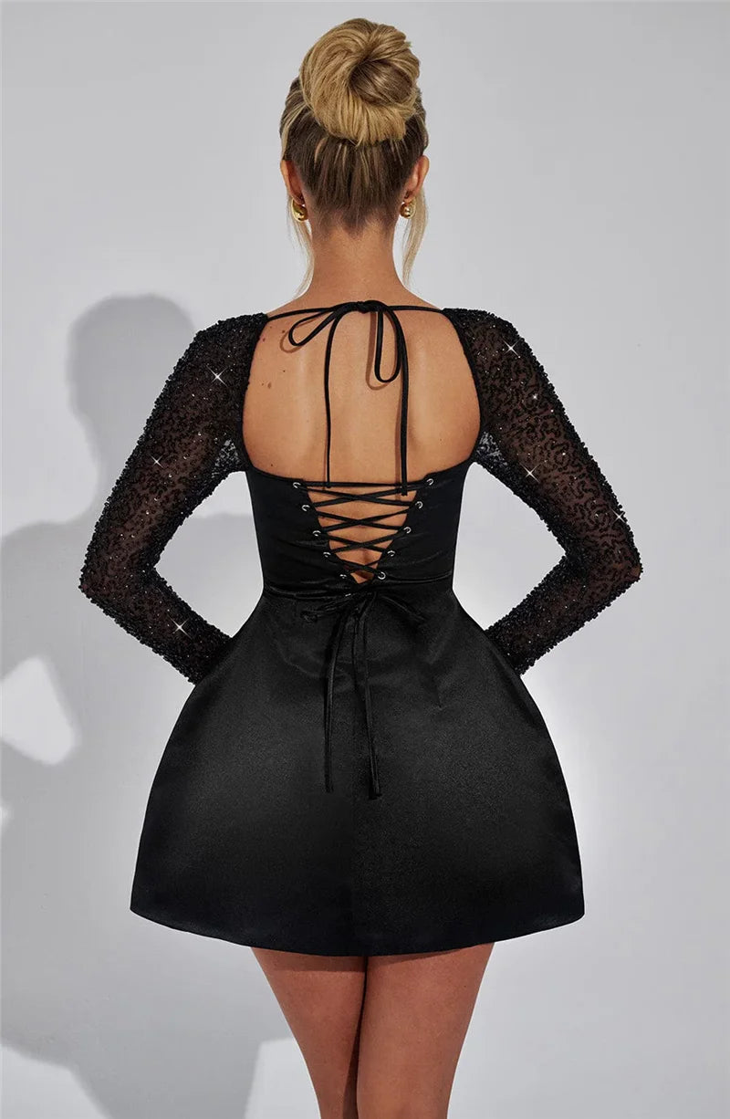 Glitter Long Sleeve Backless Sexy Mini Dress For Women Robe Square Collar Lace-up High Waist A-line Club Dress Elegant