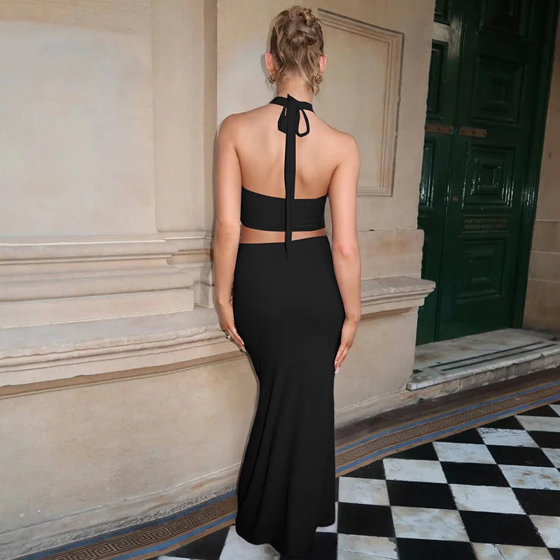 Elegant Summer 2 Piece Sets Women Metal Ring Crop Tops And Maxi Skirt Female Fashion Solid Lace-up Beach Two Piece Sets