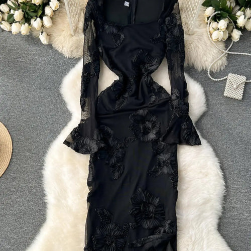 Load image into Gallery viewer, French Vintage Women Autumn Black Beige Flower Embroidery Elegant Long Sleeve Dress Ladies Square Neck Festival Party Dress Chic
