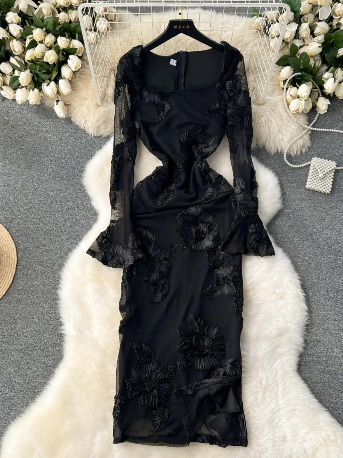 French Vintage Women Autumn Black Beige Flower Embroidery Elegant Long Sleeve Dress Ladies Square Neck Festival Party Dress Chic