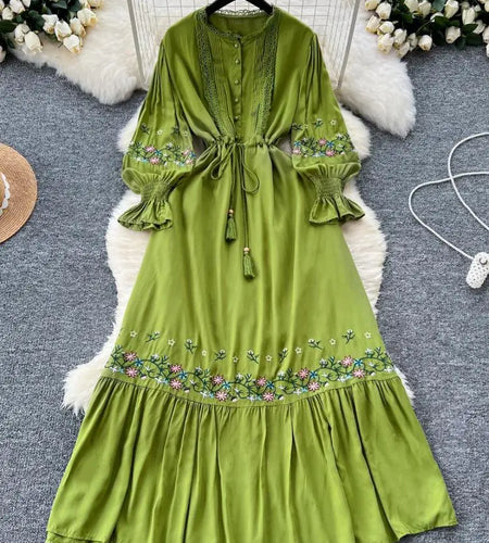 French Women Lace Embroidery Birthday Evening Party Dress Autumn Round Neck Elegant Long Sleeved Ruffles Lace-up Pleated Dresses