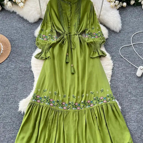 Load image into Gallery viewer, French Women Lace Embroidery Birthday Evening Party Dress Autumn Round Neck Elegant Long Sleeved Ruffles Lace-up Pleated Dresses
