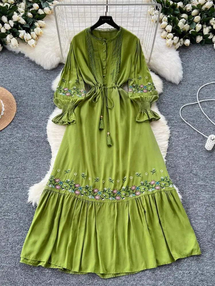 French Women Lace Embroidery Birthday Evening Party Dress Autumn Round Neck Elegant Long Sleeved Ruffles Lace-up Pleated Dresses