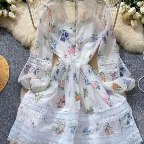 Load image into Gallery viewer, French Retro Women Black White Print Lace Patchwork Elegant Slim Long Sleeve Short Dress And Slip Dresses New Spring Autumn Boho
