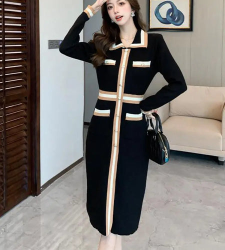Autumn Winter French Black Patchwork Striped Long Sleeves Knitted Dresses Women's Elegant Single Breasted Holiday Wrap Hip Dress