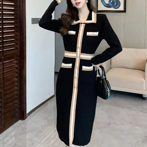 Load image into Gallery viewer, Autumn Winter French Black Patchwork Striped Long Sleeves Knitted Dresses Women's Elegant Single Breasted Holiday Wrap Hip Dress
