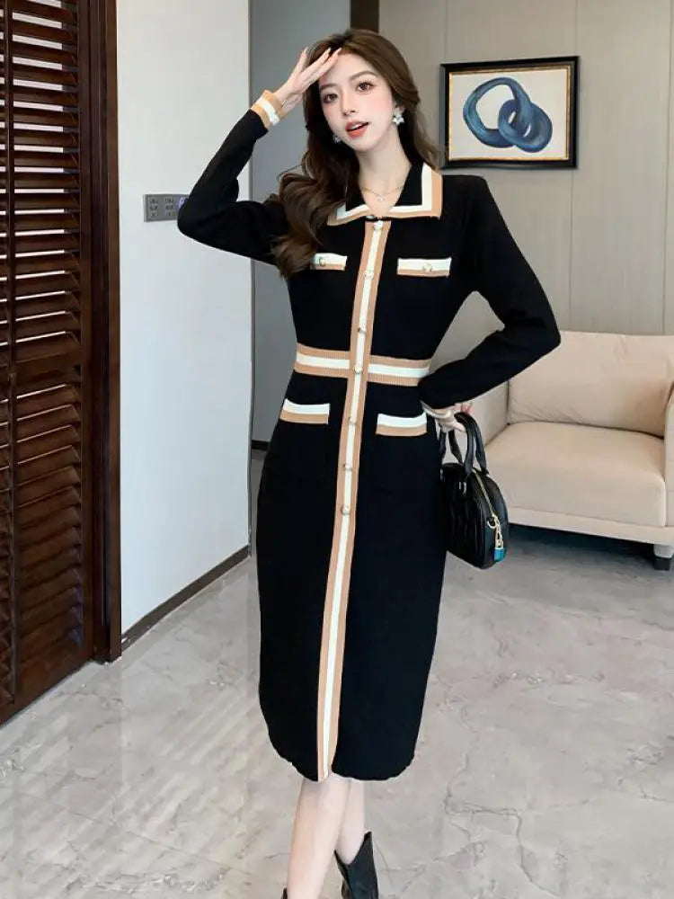 Autumn Winter French Black Patchwork Striped Long Sleeves Knitted Dresses Women's Elegant Single Breasted Holiday Wrap Hip Dress