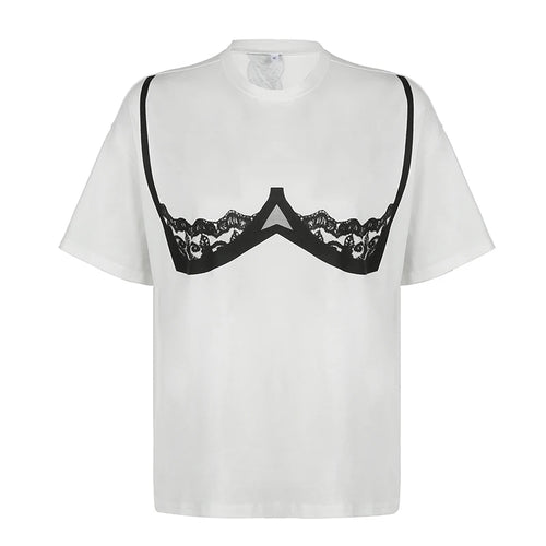 Load image into Gallery viewer, Streetwear Graphic Printed Oversized T-shirts Female Lace Spliced White Summer Tee Shirt Kawaii Korean Style Outfits
