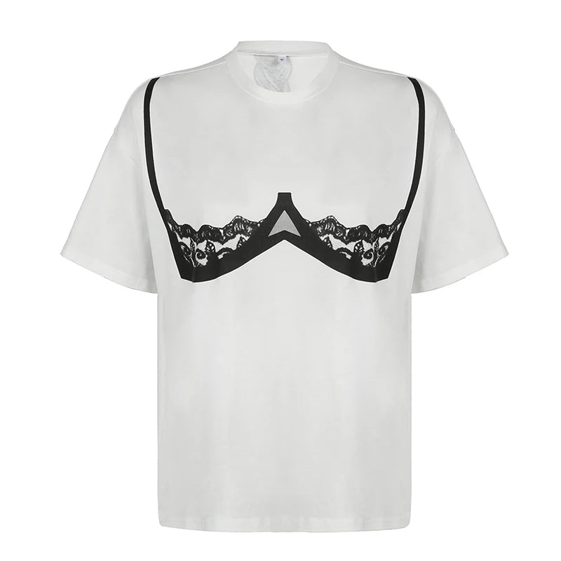 Streetwear Graphic Printed Oversized T-shirts Female Lace Spliced White Summer Tee Shirt Kawaii Korean Style Outfits