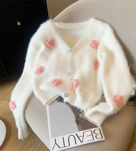 Autumn Winter White Pink Flower Decoration Knitted Cardigan Tops Women V Neck Single Breasted Long Sleeve Imitation Mink Sweater