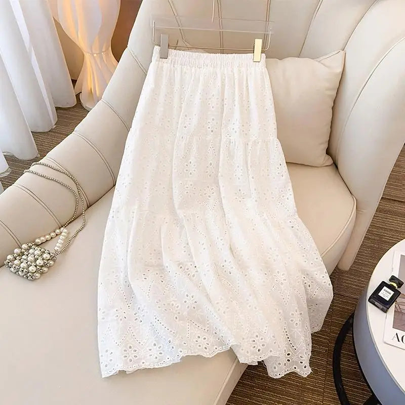 Ladies Black White Temperament Long Skirt Spring Summer Beige Embroidery Hollow Out A-line Skirts For Women Clothing Streetwear