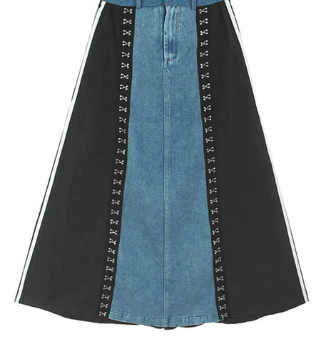High Elastic Waist Blue Denim Color-block Rivet Long A-line Half-body Skirt Women Fashion New Spring Autumn 2025 1DH8211