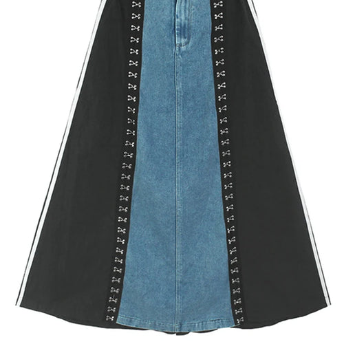Load image into Gallery viewer, High Elastic Waist Blue Denim Color-block Rivet Long A-line Half-body Skirt Women Fashion New Spring Autumn 2025 1DH8211
