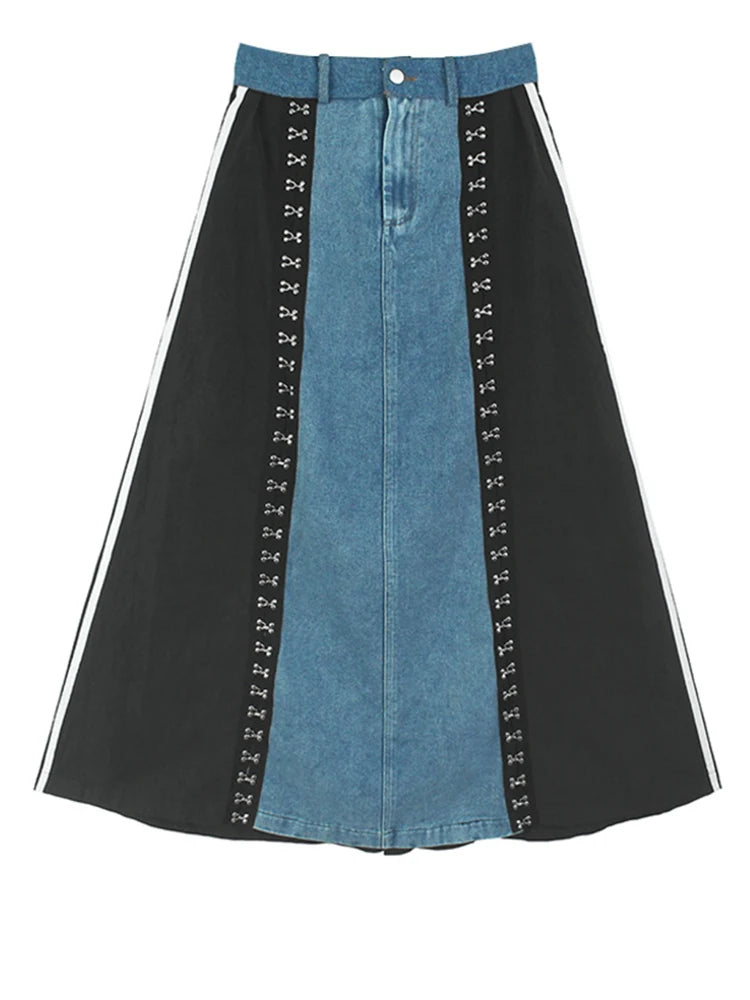High Elastic Waist Blue Denim Color-block Rivet Long A-line Half-body Skirt Women Fashion New Spring Autumn 2025 1DH8211