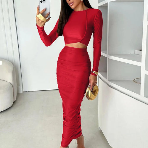 Load image into Gallery viewer, Casual 2 Pcs Sets Solid Long Sleeve Bright Line Sexy Crop T-Shirt Ruched Midi Skirt Women Y2K Clothes Party Vacation
