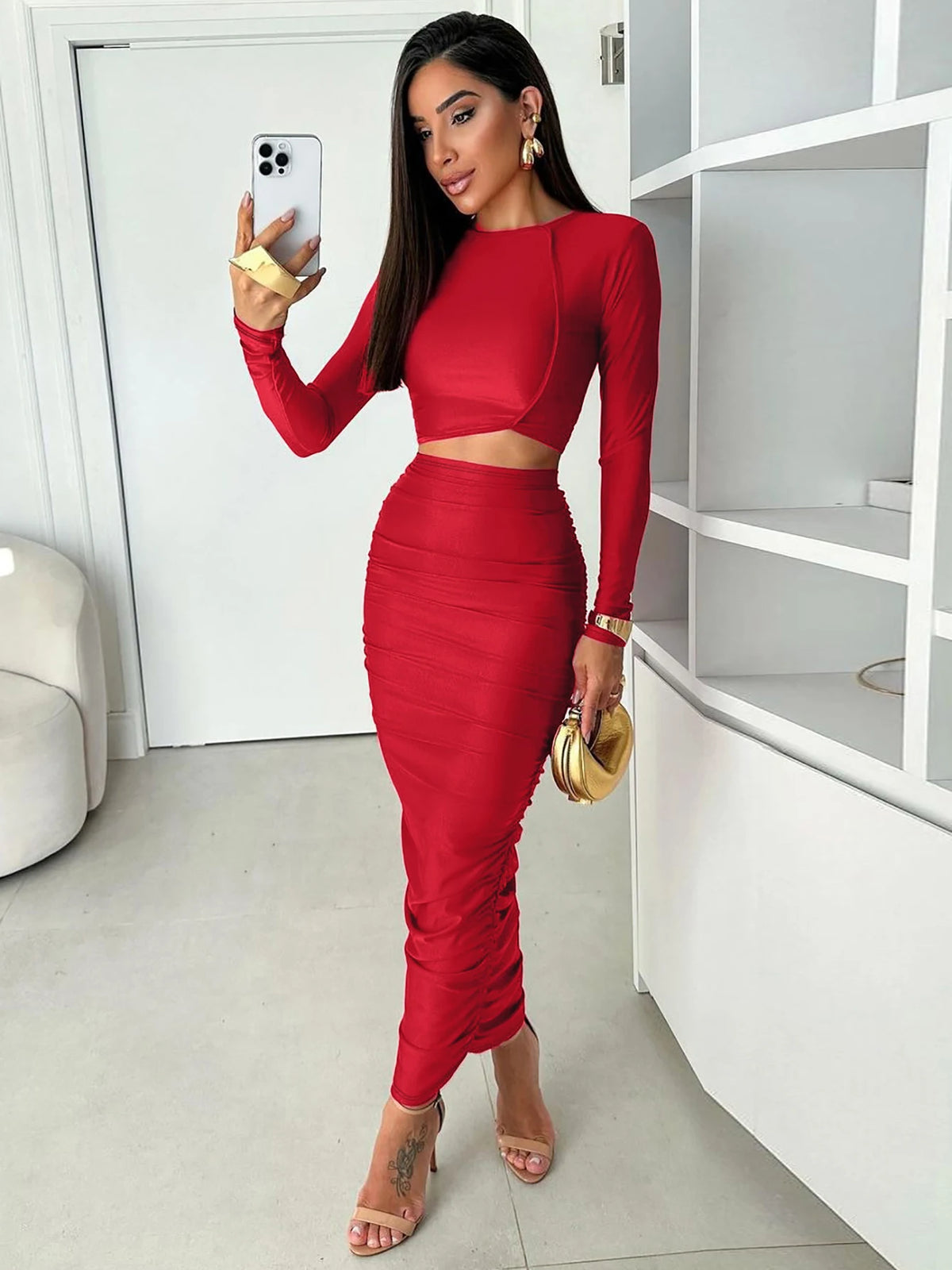 Casual 2 Pcs Sets Solid Long Sleeve Bright Line Sexy Crop T-Shirt Ruched Midi Skirt Women Y2K Clothes Party Vacation