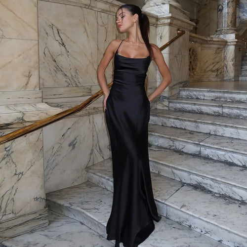 Load image into Gallery viewer, Spaghetti Strap Backless Sexy Maxi Dress Women Gown Black Satin Slipdress Sleeveless High Waist Club Party Long Dress
