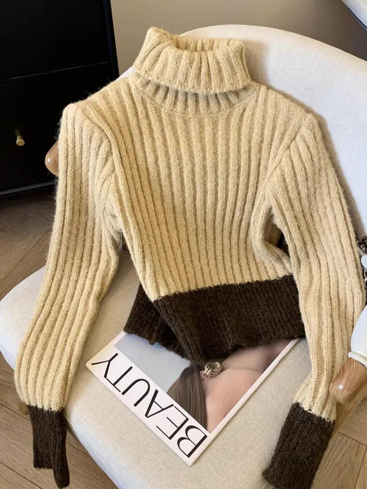 Korean Women Patchwork Pullover Sweater Autumn Winter Turtleneck Long Sleeve Slim Knitted Tops 2024 Ladies Casual Warm Clothing