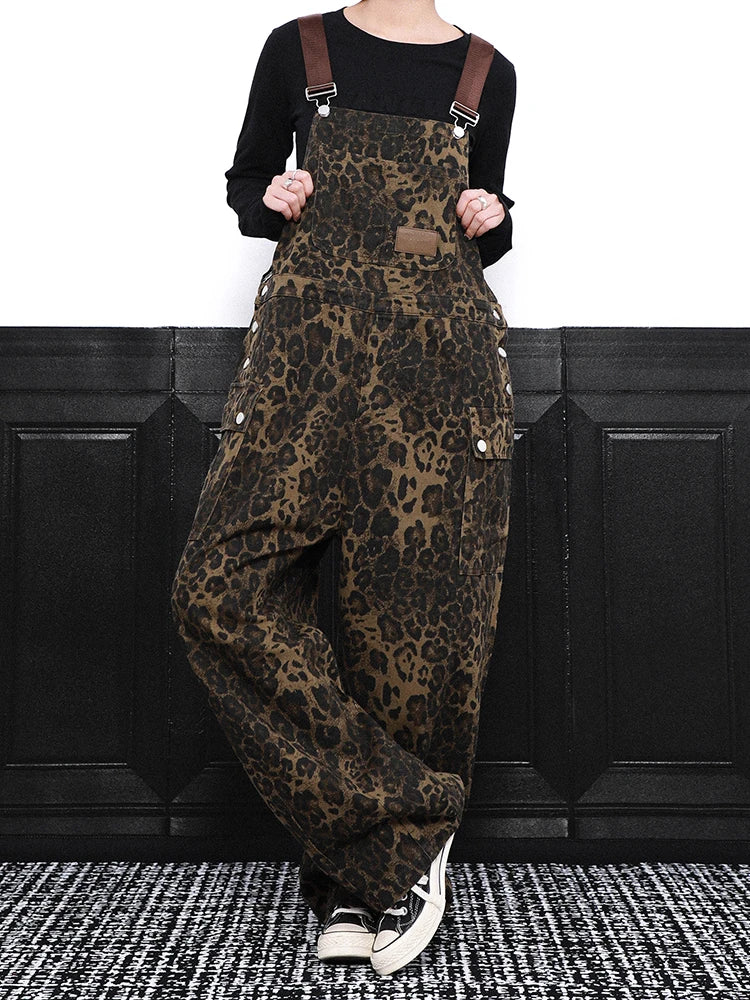 High Waist Leopard Print Denim Big Size Overalls Wide Leg Jeans New Women Trousers Fashion Tide Spring Autumn 2025 1DH9389
