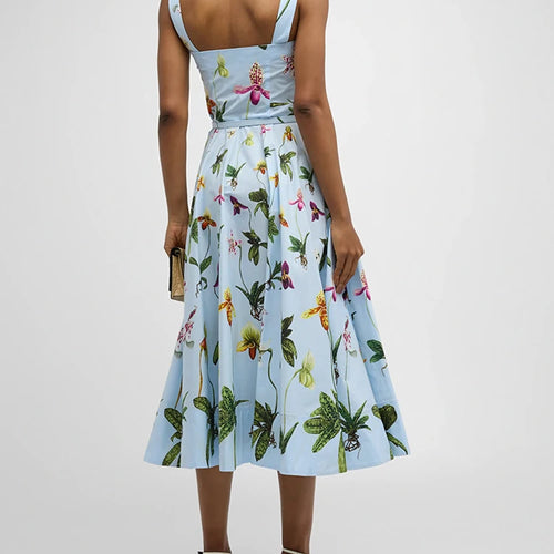 Load image into Gallery viewer, Floral Printing Spliced Belt Dresses For Women Square Collar Sleeveless High Waist Elegant A Line Long Dress Female Style
