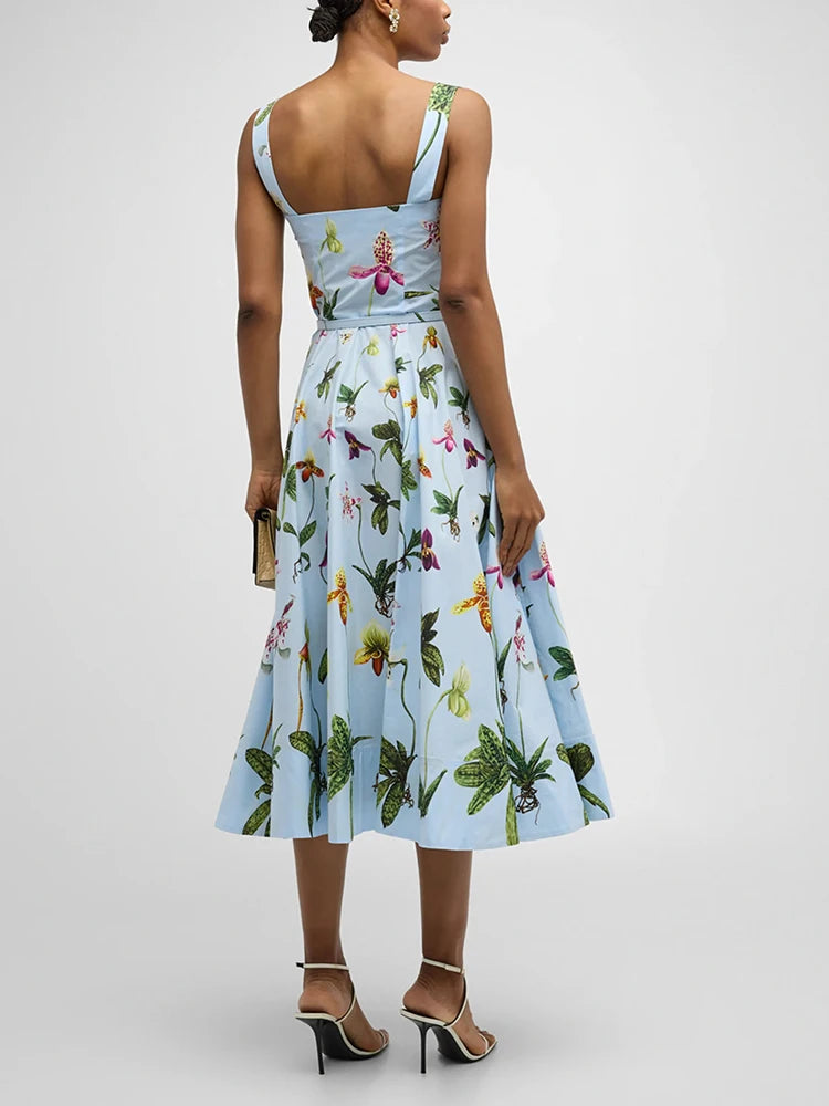 Floral Printing Spliced Belt Dresses For Women Square Collar Sleeveless High Waist Elegant A Line Long Dress Female Style