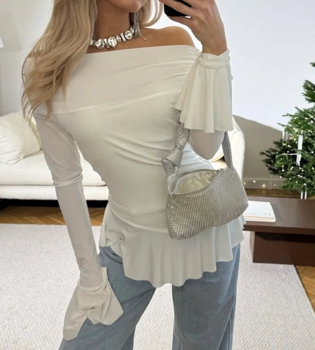 Ruffle Tops y2k Clothes Women Sexy Off Shoulder Flared Long Sleeve Asymmetrical Hem T Shirts 2000s Clothing Streetwear