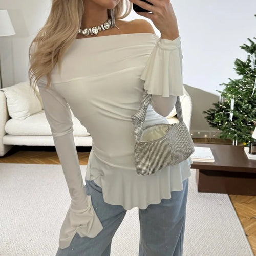 Load image into Gallery viewer, Ruffle Tops y2k Clothes Women Sexy Off Shoulder Flared Long Sleeve Asymmetrical Hem T Shirts 2000s Clothing Streetwear
