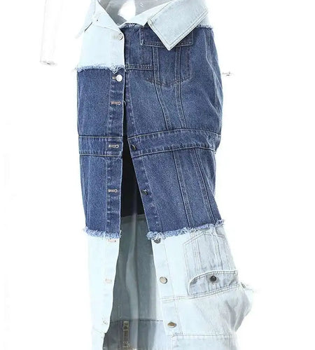 High Waist Blue Denim Fold Color-block Burr Casual Half-body Skirt Women Fashion Tide New Spring Autumn 2025 7AB6481