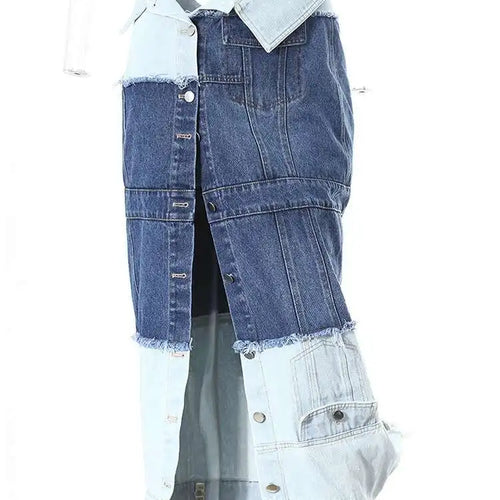 Load image into Gallery viewer, High Waist Blue Denim Fold Color-block Burr Casual Half-body Skirt Women Fashion Tide New Spring Autumn 2025 7AB6481
