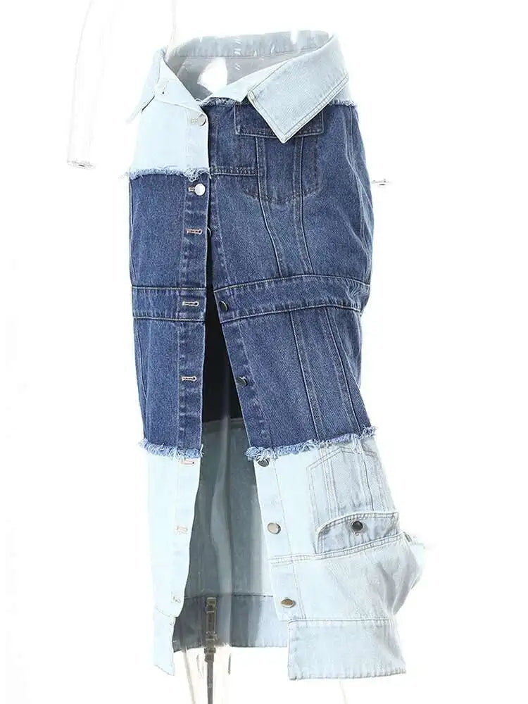 High Waist Blue Denim Fold Color-block Burr Casual Half-body Skirt Women Fashion Tide New Spring Autumn 2025 7AB6481