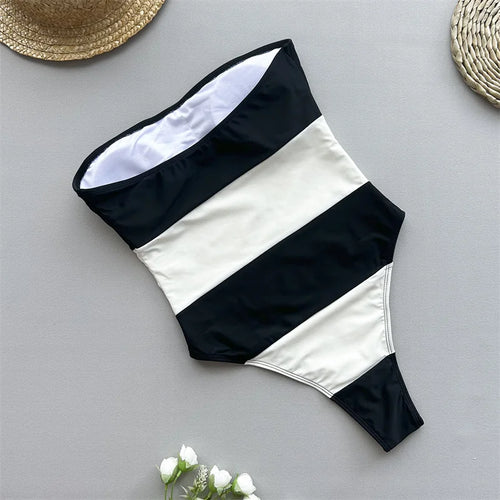 Load image into Gallery viewer, Black White Striped Women One Piece Swimsuit Female Swimwear Strapless Bandeau Monokini Swimming Suit Beachwear
