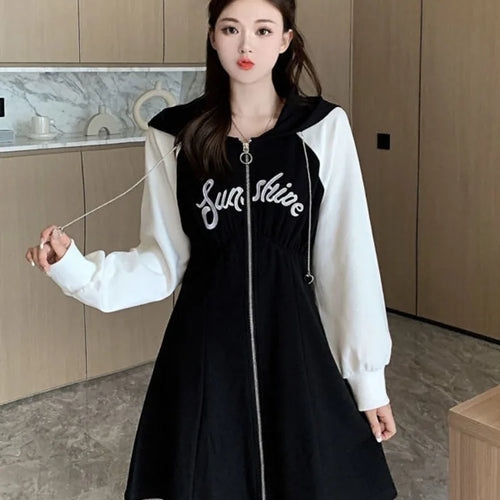 Load image into Gallery viewer, Korean Style Oversize Hooded Dress Women Preppy Style School Student Casual Letter Sport Mini Short Dresses Autumn
