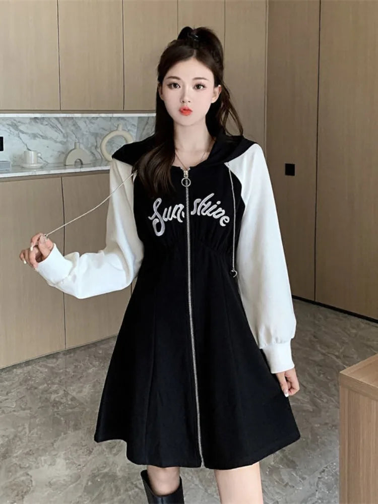 Korean Style Oversize Hooded Dress Women Preppy Style School Student Casual Letter Sport Mini Short Dresses Autumn