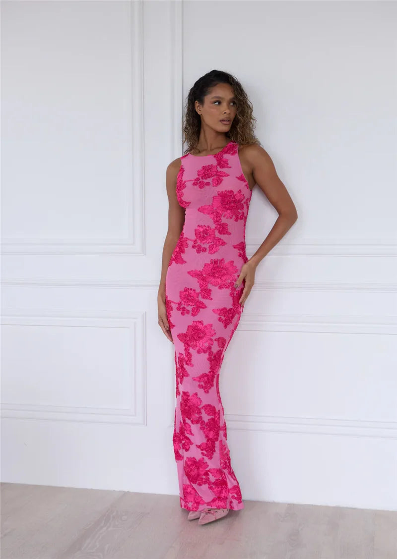 Elegant Floral Print Sexy Maxi Dress For Women Embroidered Applique Tank Dress Femme Bodycon Club Party Long Dress