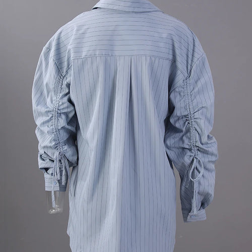 Load image into Gallery viewer, Women Blue Striped Drawstring Slit Big Size Blouse New Lapel Long Sleeve Shirt Fashion Tide Spring Autumn 2025 7AB8101
