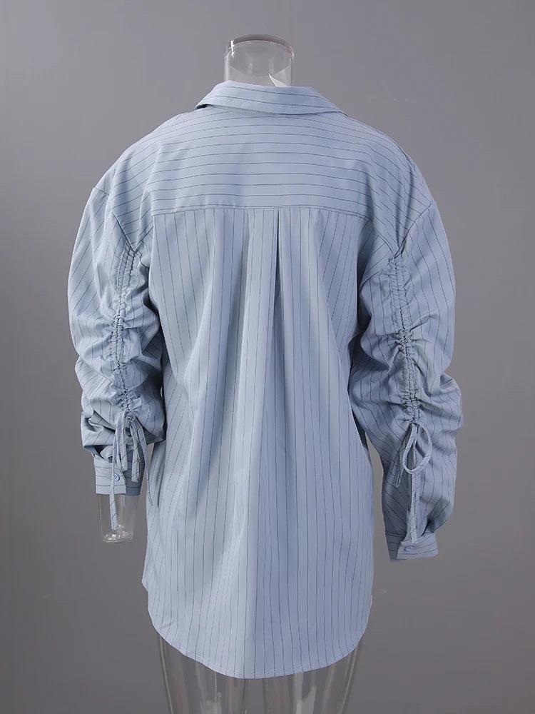 Women Blue Striped Drawstring Slit Big Size Blouse New Lapel Long Sleeve Shirt Fashion Tide Spring Autumn 2025 7AB8101